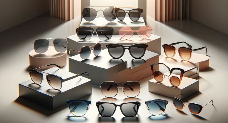 A diverse collection of stylish eyewear including polarized sunglasses, vintage round glasses, oversized sunglasses, cat-eye sunglasses, pilot sunglasses, and square glasses displayed in a modern, minimalist setting.