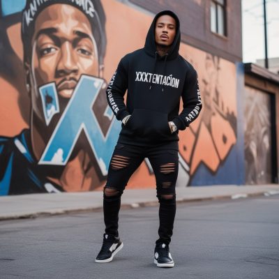 XXXTentacion Revenge hoodie in front of urban mural