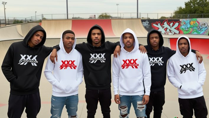 Group of friends wearing different colors of XXXTentacion hoodies