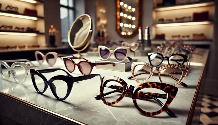 A boutique display featuring cat eye glasses in various styles, including bold black frames, tortoiseshell patterns, and sleek metallic designs, with soft lighting and vintage accessories like a pearl necklace and lipstick.