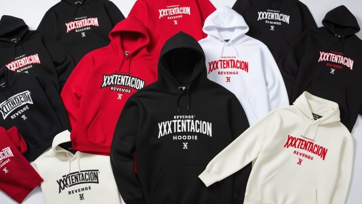 Flat lay of XXXTentacion hoodie collection in different colors